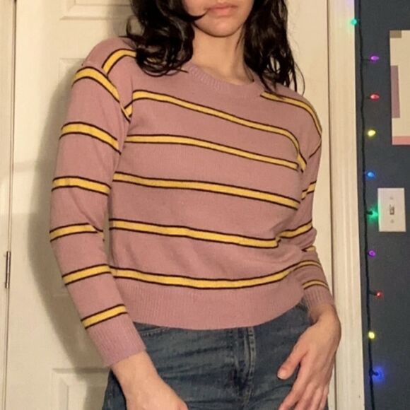Purple Yellow Striped Crop Sweater Crew Small - Picture 1 of 5